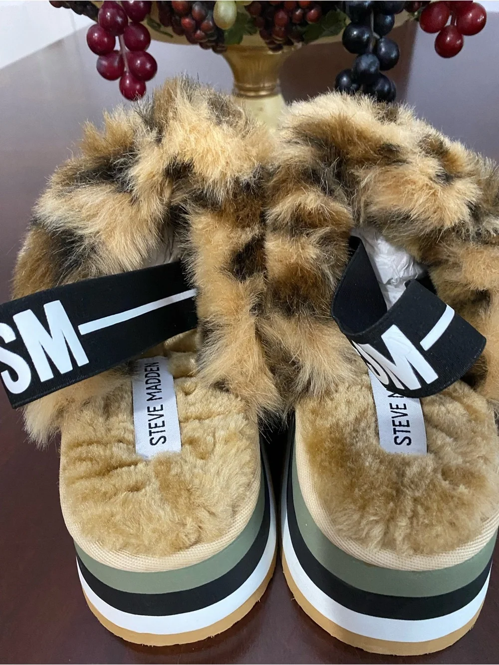 Steve Madden Leopard Faux-Fur Camo Platform Slide Sandals